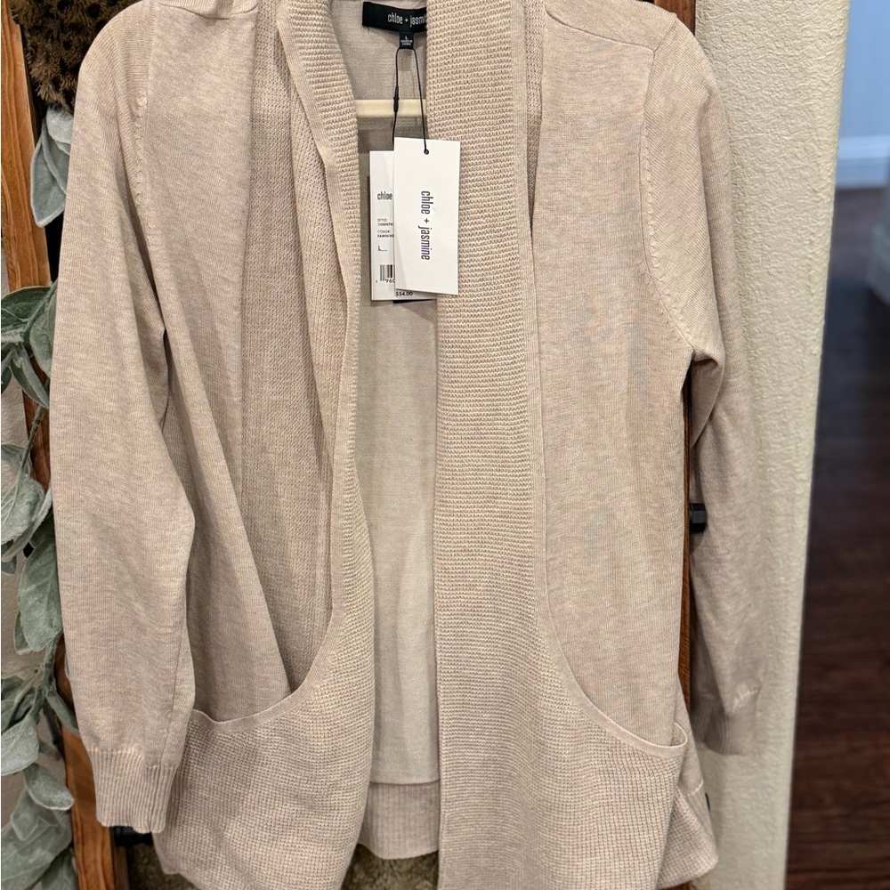 Chloe + Jasmine Open-Front Pocket Cardigan - Light Beige